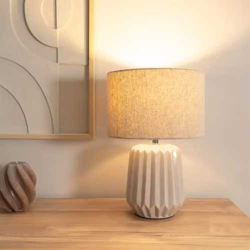 ValueLights Beige Ceramic Table Lamp with Fabric Cylinder Shade – 2