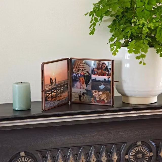 Paper High Antique Brass Reclaimed Glass Folded Double Photo Frame in Copper, Large – 1