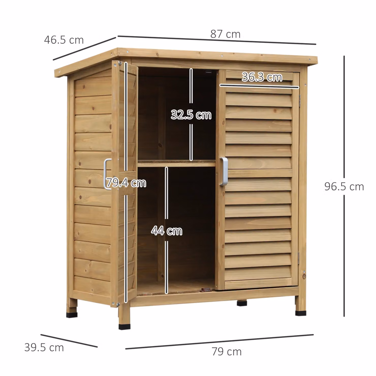 OUTSUNNY Garden Storage Shed in Natural Wood with Internal Shelving and Roll Shutter Doors, W/D/H: 79.0 x 46.5 x 96.5 cm – 3