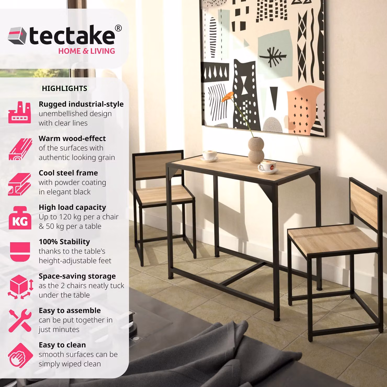 tectake Milton 3-piece Dining Table and Chairs Set in Light Oak – 2