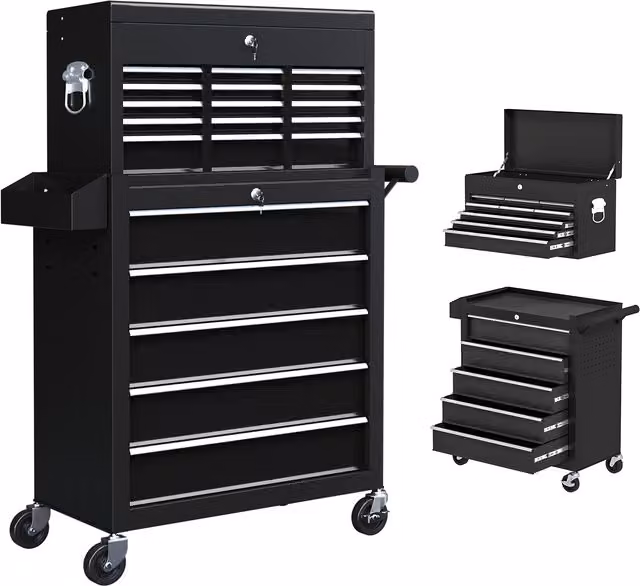 HOMCOM Rolling Tool Cabinet with 14 Drawers, Pegboard, Side Rack and Lockable Top Chest in Black Steel