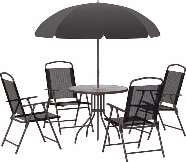 Outsunny 6 Piece Black Patio Dining Set with Round Glass Table and Folding Chairs – 1