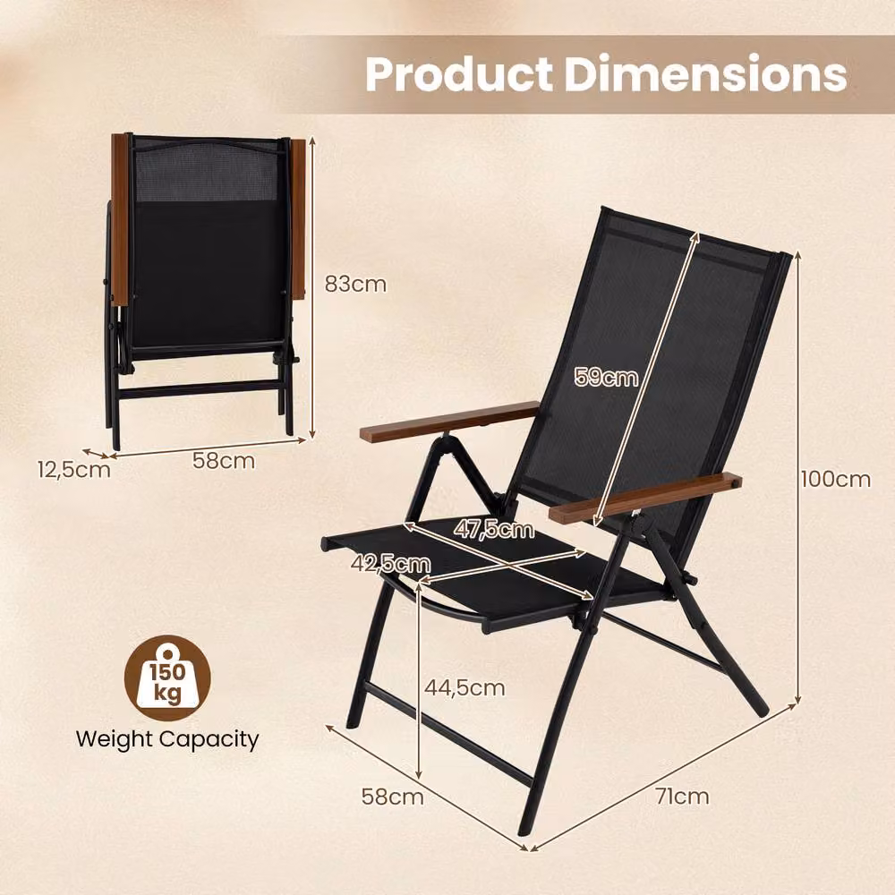 Costway Set of 2 Black Folding Patio Chairs with Breathable Fabric and Metal Frame – 2