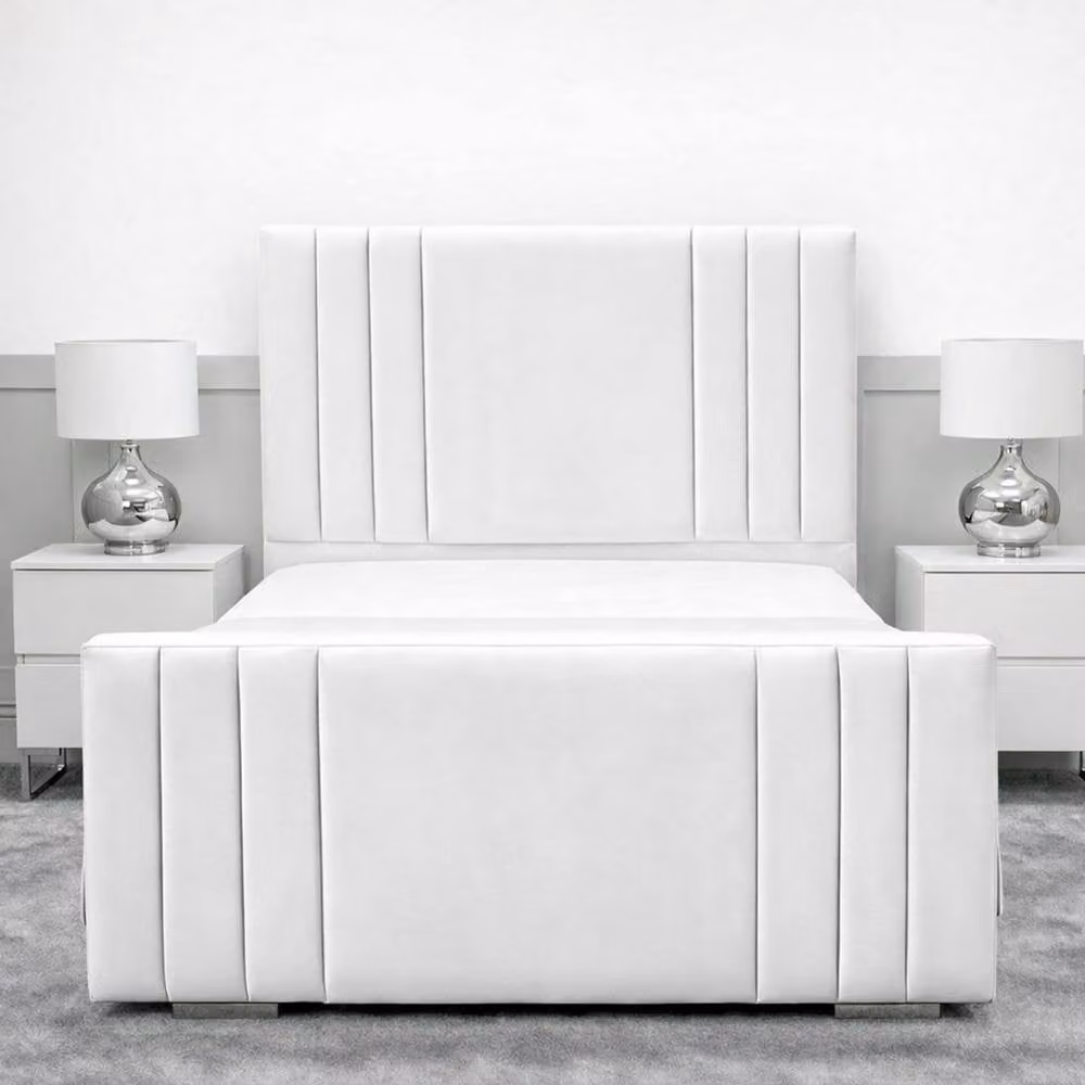 Living Comfort Bedz Canberra Double Plush Velvet Upholstered Bed with Slatted Base and 48 Inch Headboard in White