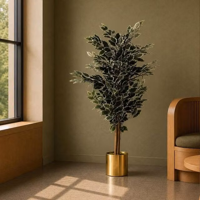 Botanik Leaf Artificial Variegated White and Green Ficus Tree with Gold Planter, Height: 130 cm, Width: 60 cm, Depth: 60 cm