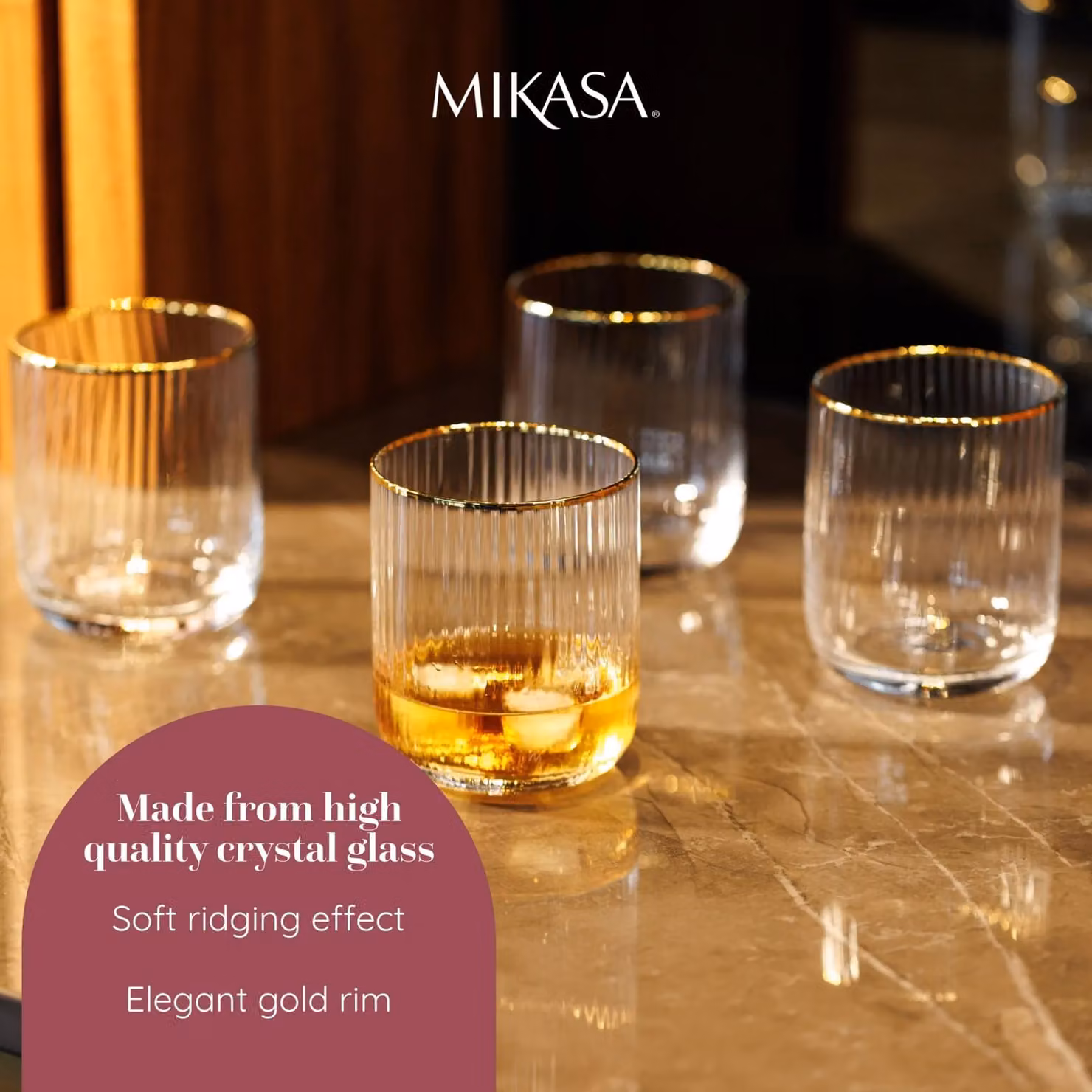 Mikasa Sorrento Ridged Lead-Free Crystal Tumbler Glasses, Set of 4, 400ml, Transparent/Gold – 5