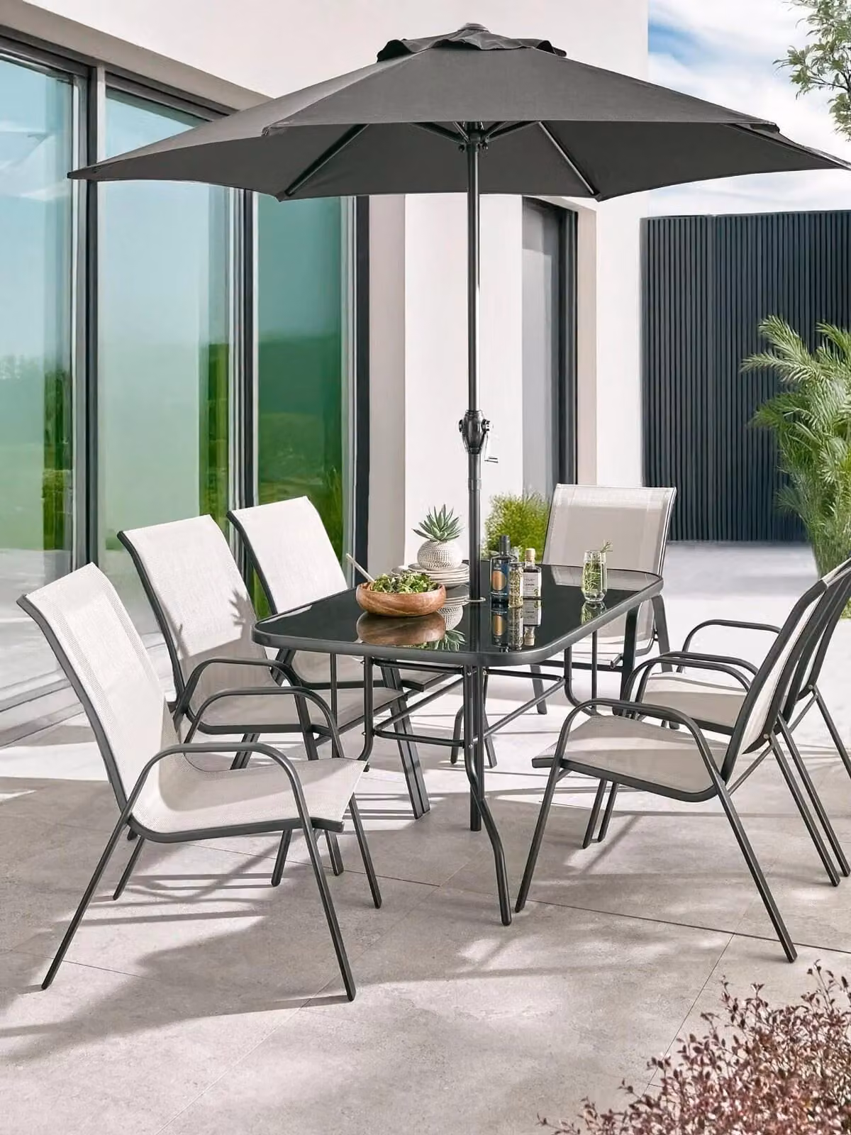 Province 8-Piece Rectangular Garden Dining Set with Glass and Metal Table in Black and Grey