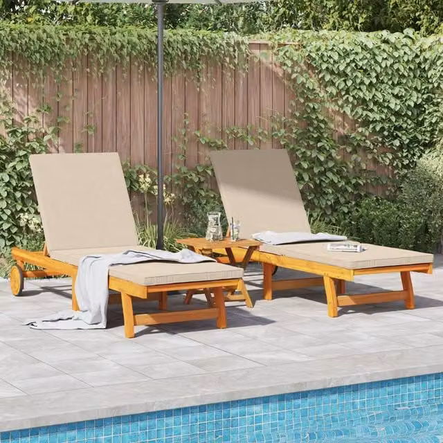 Berkfield Home Set of 2 Acacia Wood Sun Loungers with Weatherproof Cushions and Wheels in Brown