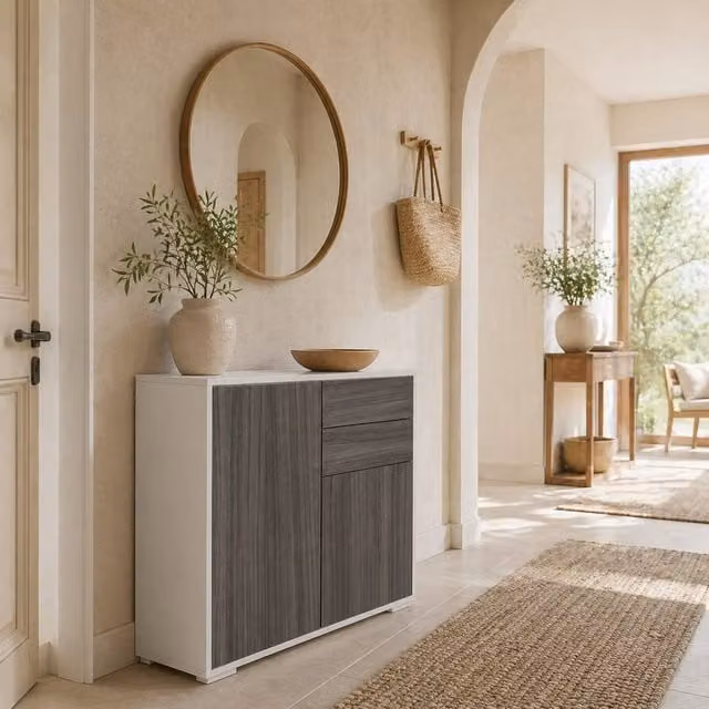 Wyld Haus Luel Modern High Gloss Sideboard in White and Grey Wood Effect with 2 Drawers and 2 Doors – 1