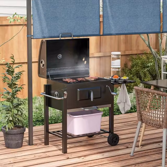Outsunny Charcoal Smoker BBQ Trolley with Offset Cart in Grey and Black