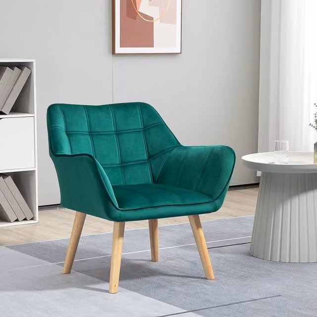 HOMCOM Green Velvet Tub Accent Chair with Armrests and Metal Frame