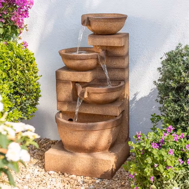 Primrose Kendal 4-Tier Cascading Bowls Water Feature with Lights in Brown