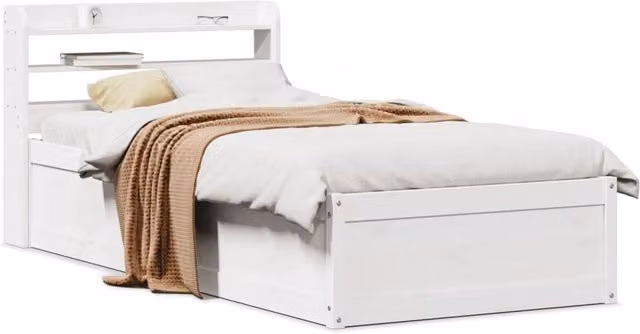 Berkfield Home Single Bed Frame with Headboard and Side Compartments in White Solid Pine, W/D/H: 90 x 190 cm