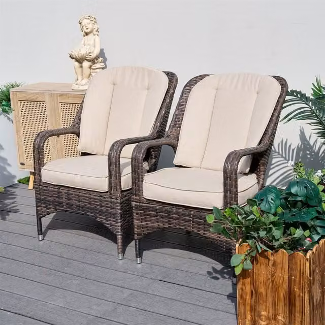 Abrihome Modern Deep-Seating Outdoor Lounge Chairs in Brown Rattan and Metal
