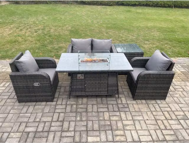Fimous 5-Piece Dark Grey Rattan Outdoor Garden Set with Gas Fire Pit Table