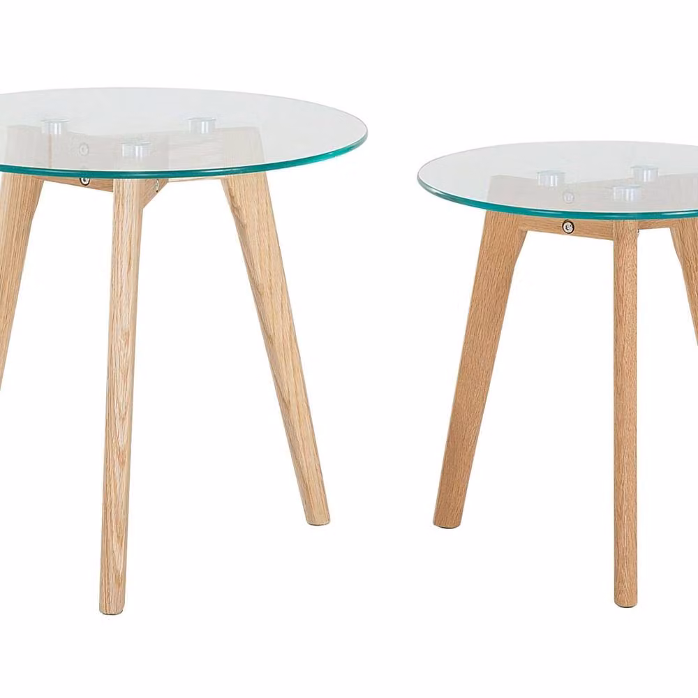 Wyld and Coco Nest of 2 Round Glass Top Tables with Light Oak Legs in Clear – 2