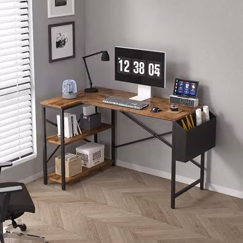 MCC Direct L Shaped Corner Computer Desk with Bookshelf in Brown, 120cm