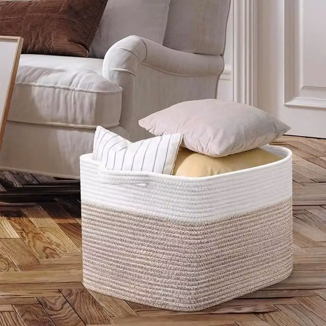 VOGREX White and Brown Cotton Rope Storage Basket for Toys and Blankets, W/D/H: 38.0 x 30.0 x 55.0 cm – 1
