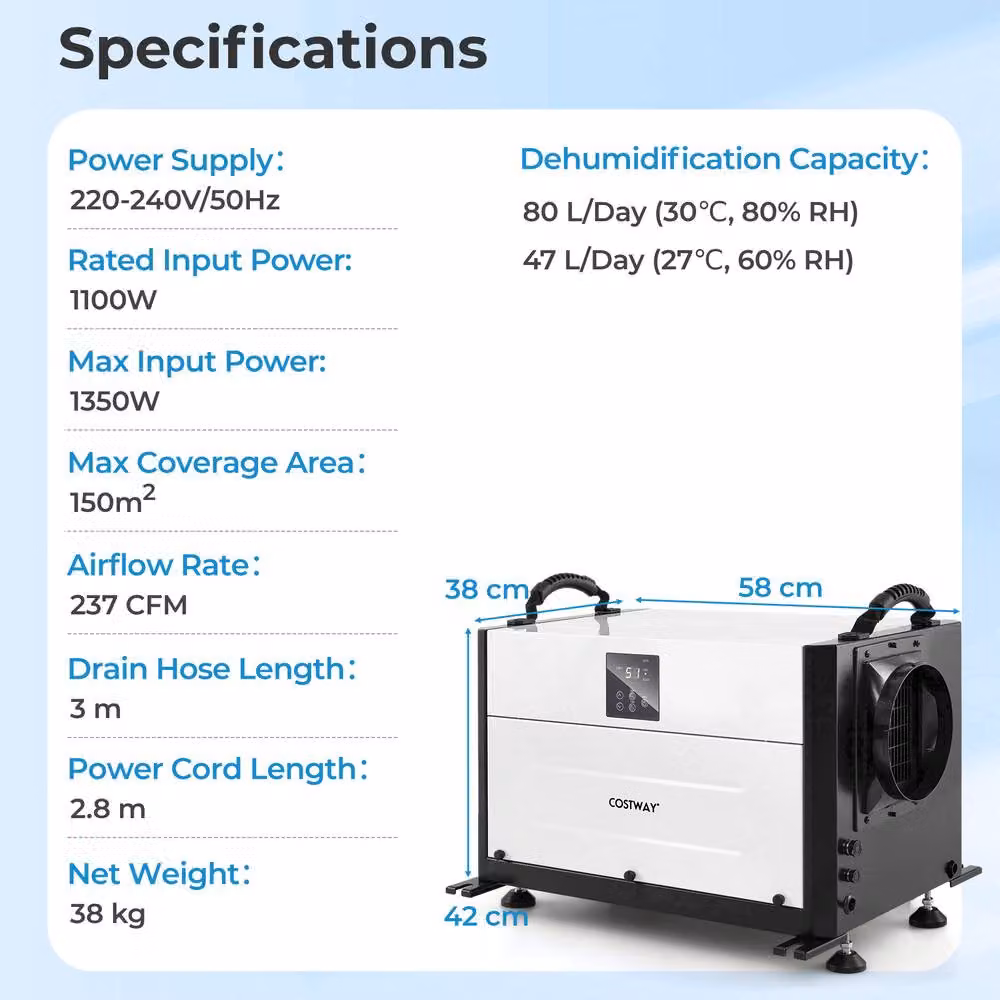 Costway Commercial Crawl Space Dehumidifier with 3 Modes, Black – 2