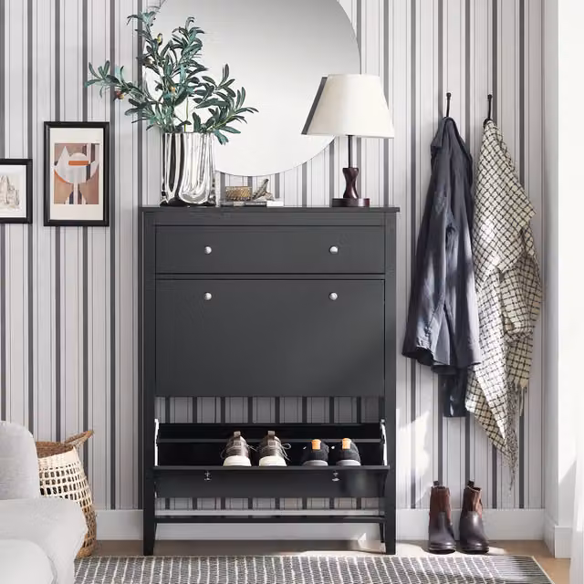 SoBuy Modern Black Shoe Cabinet Storage Cupboard with Tilting Compartments and Internal Shelves