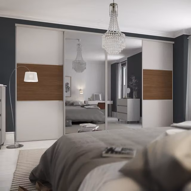 Spacepro Classic 3 Panel Sliding Wardrobe Door Kit in Dove Grey Walnut and Mirror