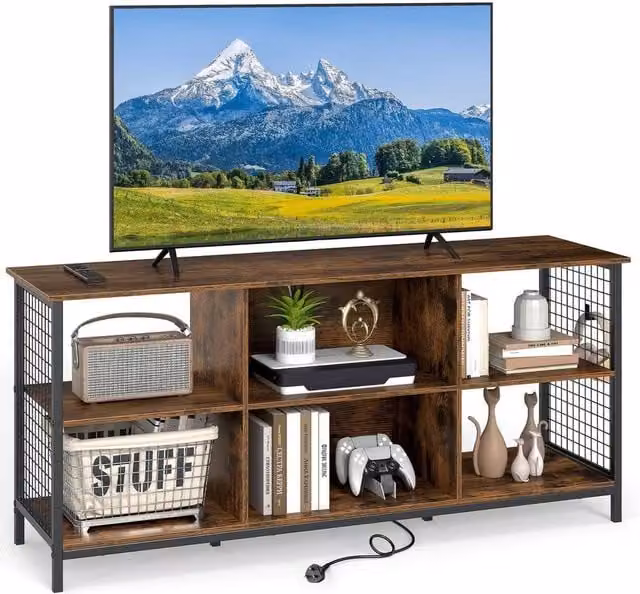 KORVIXA 3-Tier Industrial TV Stand for up to 65 inch TVs with Power Outlets and Grommet, Dark Brown – 1