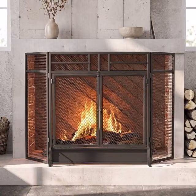 STILVORA Three-Panel Fireplace Screen with Door, Black, H: 79.0 cm, W: 11.5 cm, D: 11.5 cm