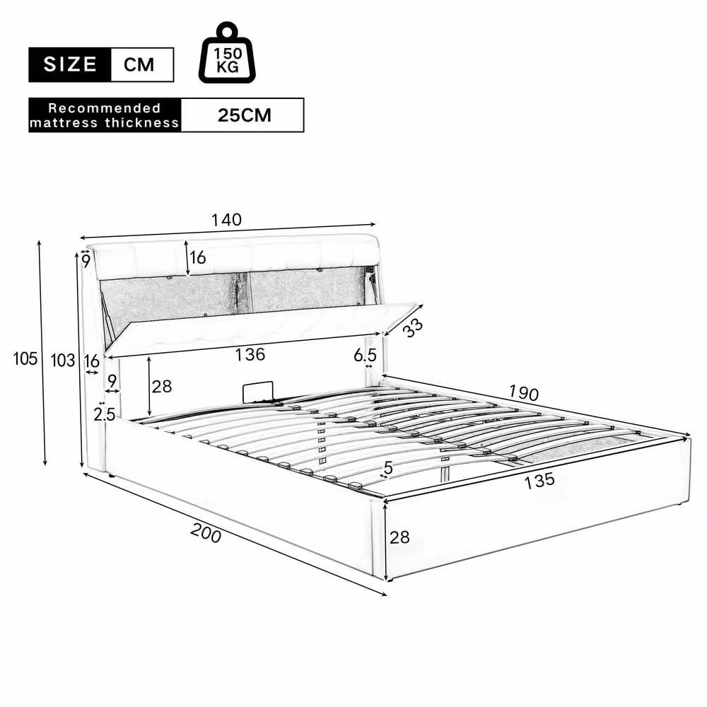 Merax Double Upholstered Ottoman Storage Bed with Headboard in White, W/D/H: 135 x 190 cm – 2