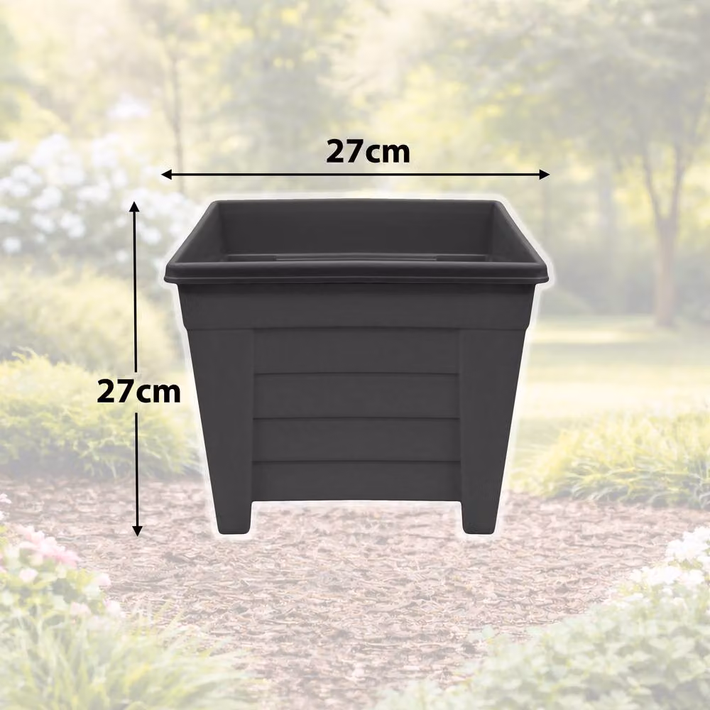 Simpa Grosvenor Square Plastic Garden Planter Tubs, Black, Set of 2, 27cm – 3