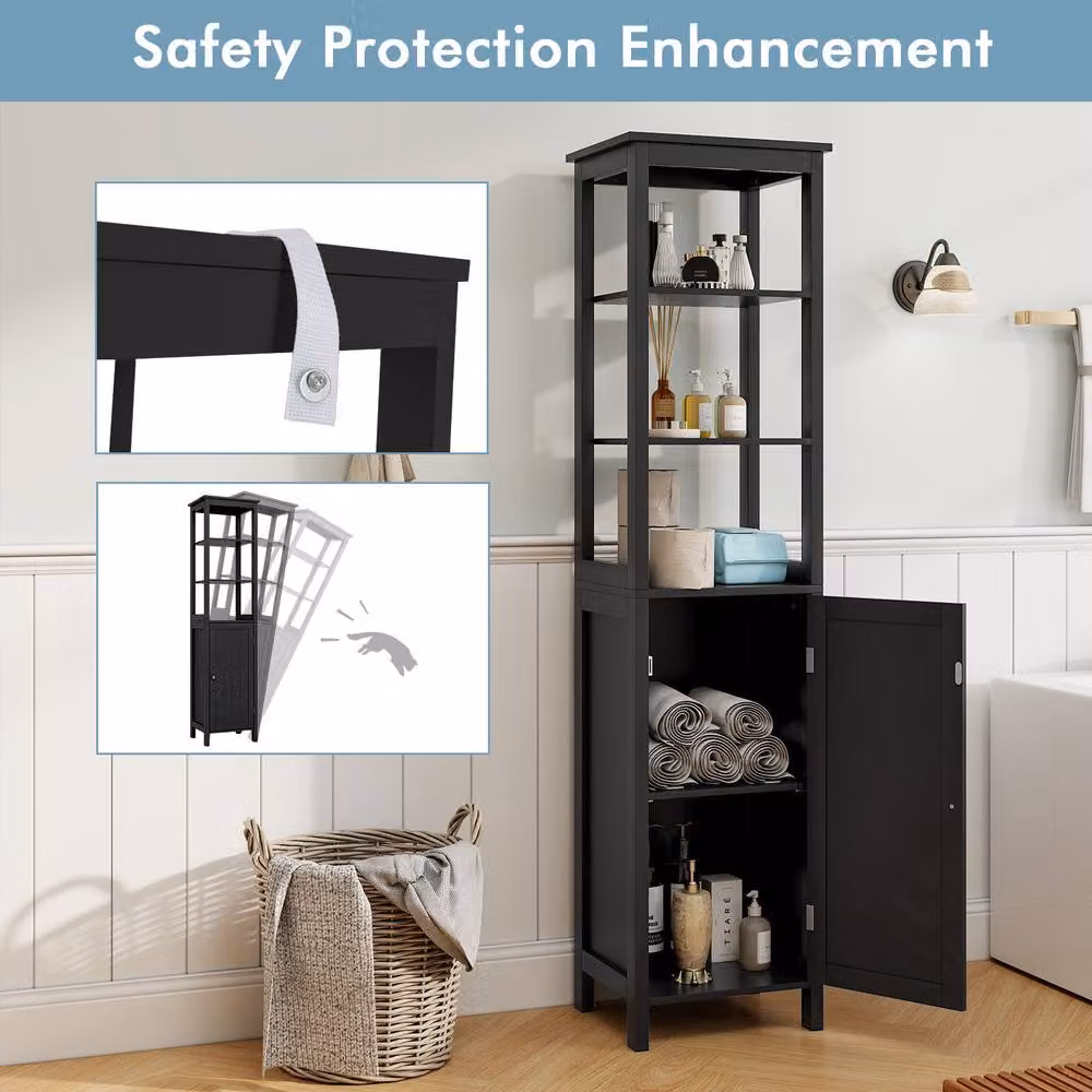 Gymax Modern Black Freestanding Bathroom Floor Cabinet with Adjustable Internal Shelves and Hinged Doors – 6