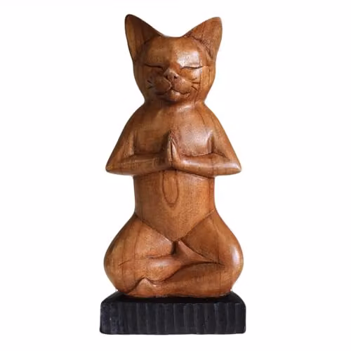 KDMD Handcarved Wooden Yoga Cat in Lotus Position, Brown, W/D/H: 12.0 x 7.0 x 30.0 cm