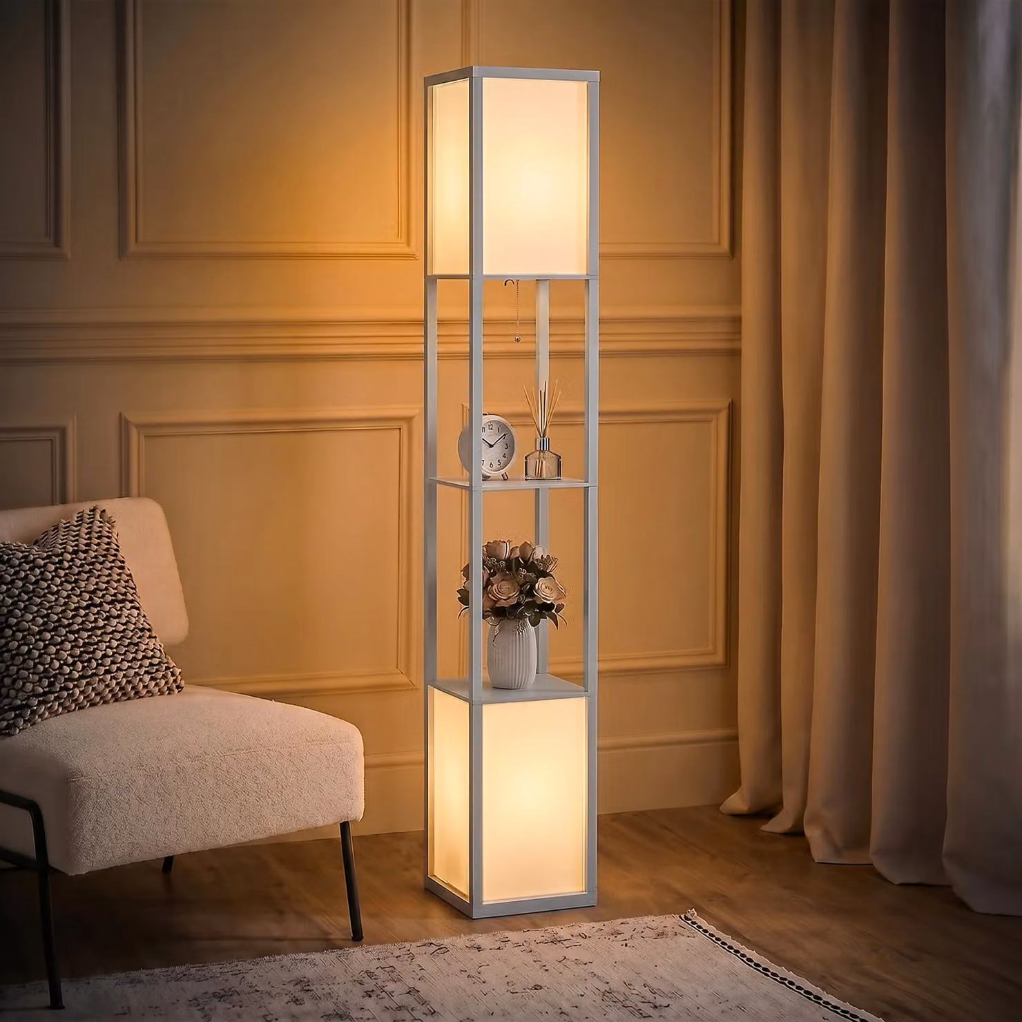HOMCOM 3-Tier Floor Lamp with Shelves and Dual Light in Grey – 2