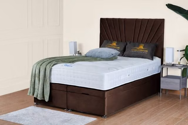 UK Bed Furniture Sunrise End Lift Divan Ottoman Bed with 54 Inch Headboard in Brown, W/D: 120 x 200 cm