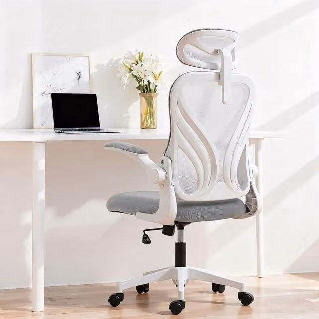 HOMCOM Ergonomic Office Chair with Foldable Backrest and Headrest in Light Grey Fabric – 1