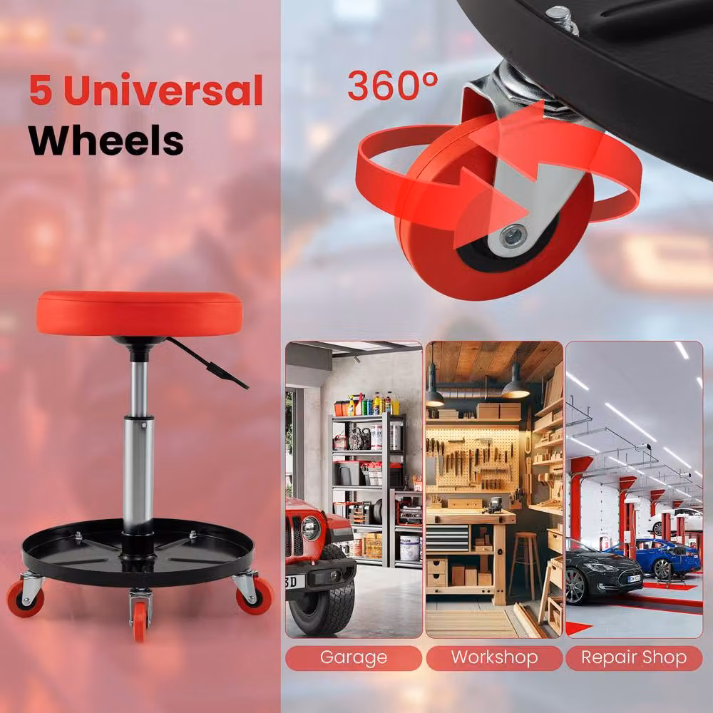 Costway Height Adjustable Mechanic Stool with Wheels and Storage, Red – 8