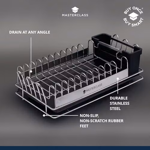 MasterClass Small Stainless Steel Dish Drainer Rack with Cutlery Holder, Silver/Black, W: 41 cm, D: 22 cm, H: 13 cm – 4