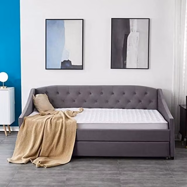 Kosy Koala Grey Velvet Upholstered Daybed with Trundle and 2 Memory Foam Mattresses
