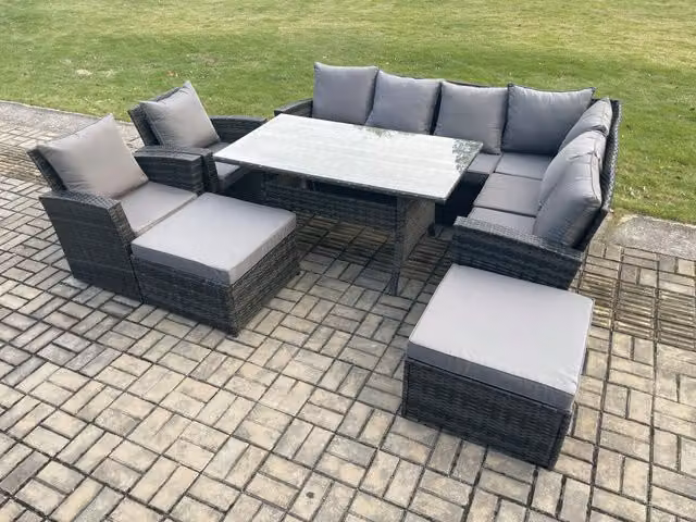 Fimous 10 Seater Grey Rattan Garden Furniture Set with Corner Sofa, Dining Table, Chairs, 2 Armchairs and 2 Footstools