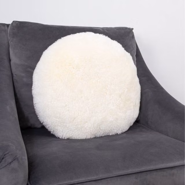 Native Natural Short Pile Lambskin Round Cushion in Ivory/Beige