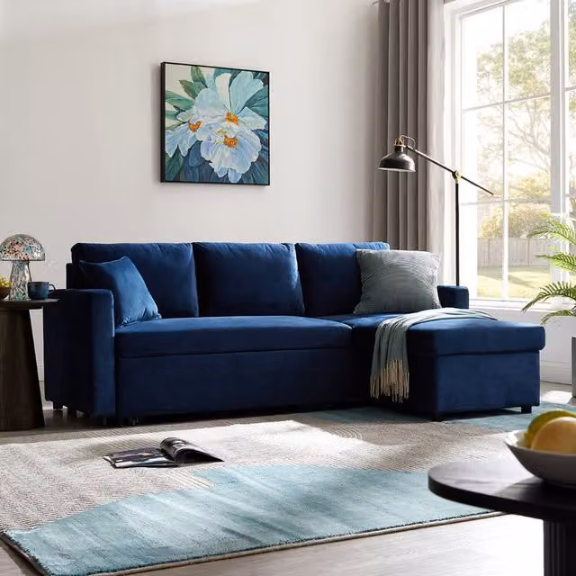 Home Detail Dorset Velvet Pull Out Sofa Bed with Reversible Chaise in Dark Blue