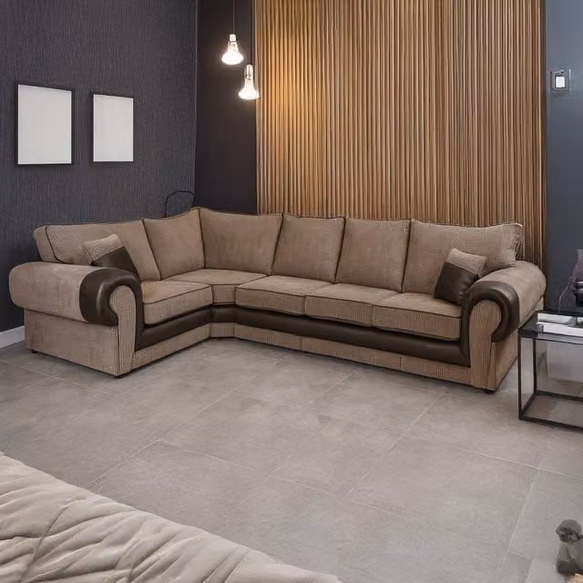 Furnishings For Less UK Portland 5 Seater L Shaped Corner Sofa in Beige Fabric and Synthetic Leather, Left Hand Facing – 1