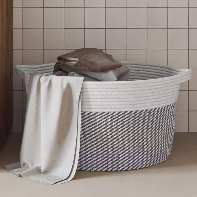 Berkfield Grey and White Open Weave Cotton Storage Basket with Handles W: 40 cm, D: 25 cm, H: 25 cm