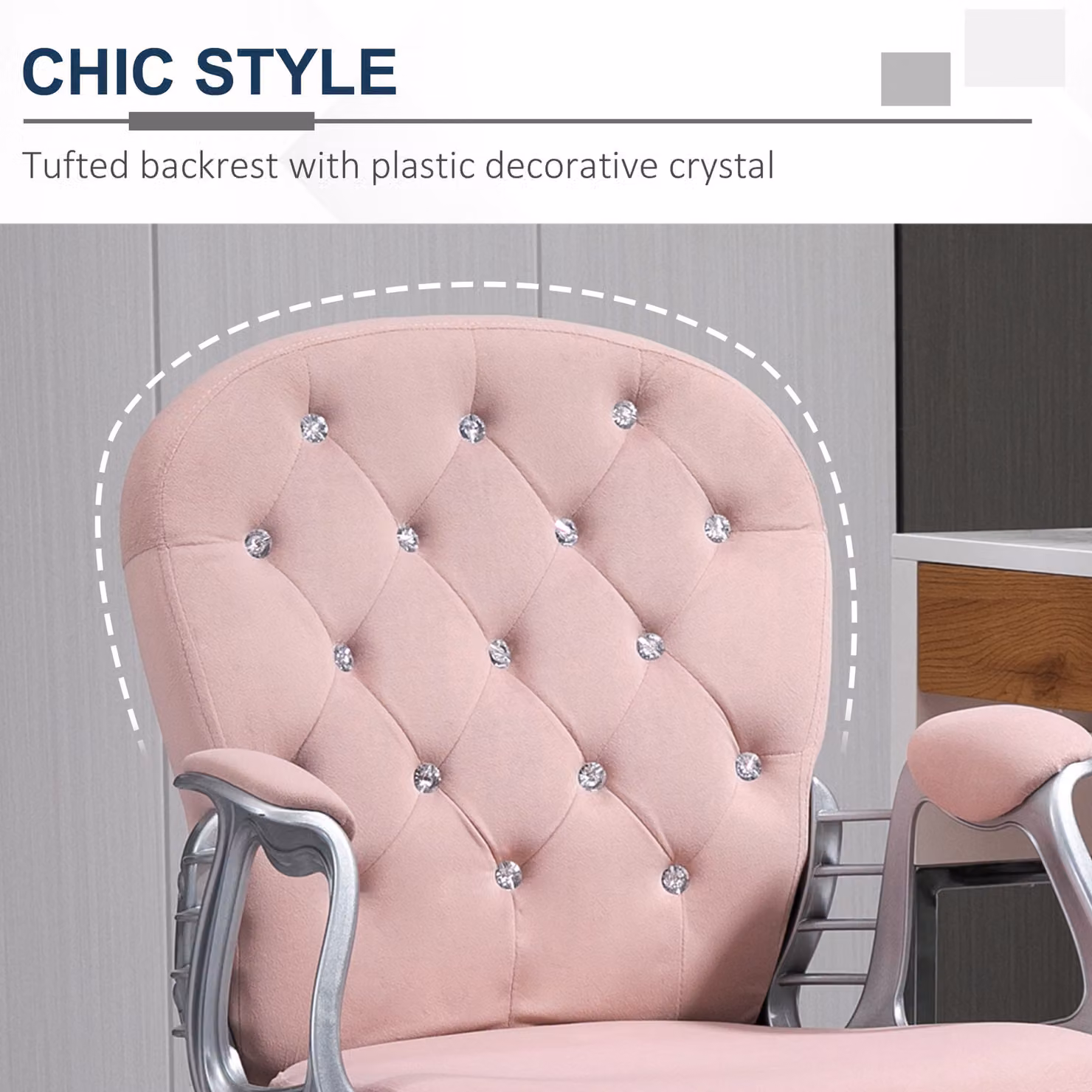 Vinsetto Ergonomic Pink Velvet Diamond Tufted Swivel Desk Chair with Armrests and Castors – 4