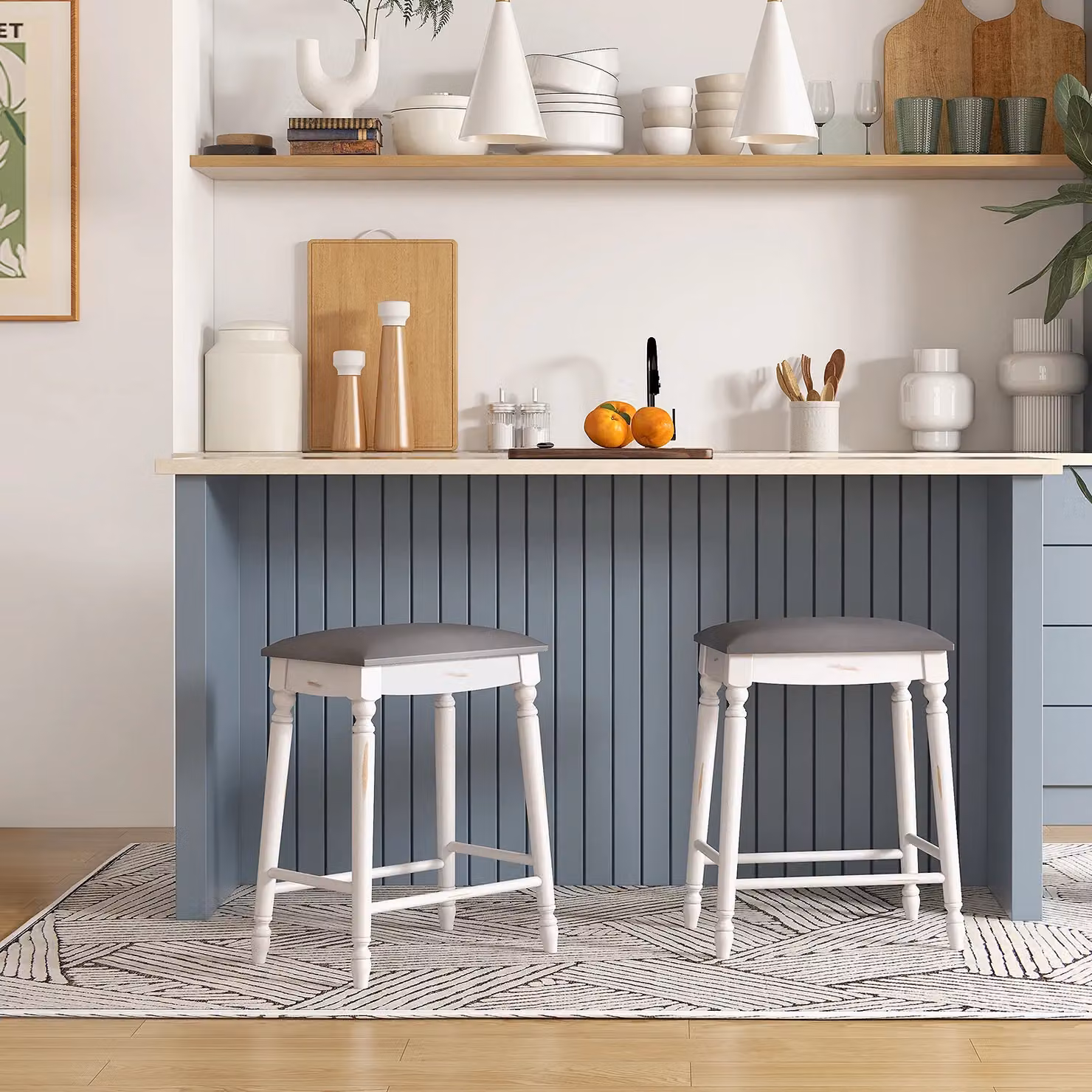 Costway Set of 2 Upholstered Counter Height Bar Stools in Grey with Padded Fabric Seats and Rubberwood Frames, Height: 61 cm – 4