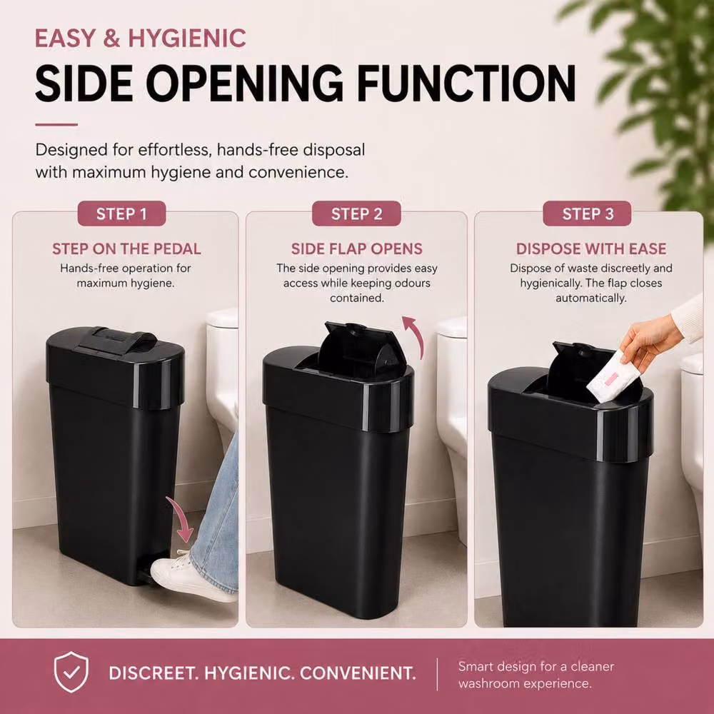 ProKleen Black Sanitary Waste Bin with Foot Pedal, 22L, H 55.0 x W 34.0 x D 15.0 cm – 6