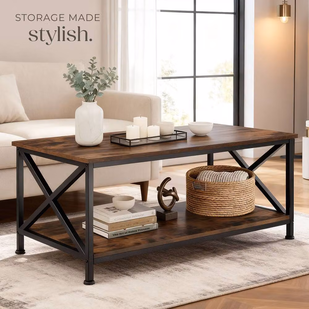 tectake Pittsburgh Rectangular Coffee Table with Storage Shelf in Brown and Grey – 8
