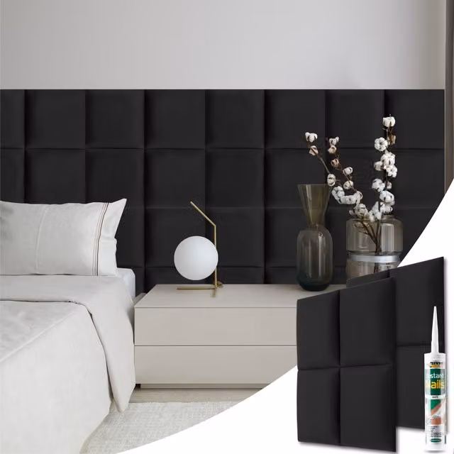 Novecrafto Set of 4 Soft Velvet Upholstered Wall Panels with Adhesive, Black, W/D/H: 30 x 30 x 3 cm