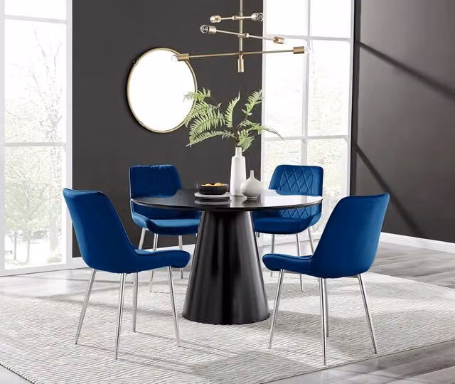 FurnitureboxUK Palma Black Semi Gloss Round Dining Table and 4 Pesaro Silver Leg Chairs in Navy