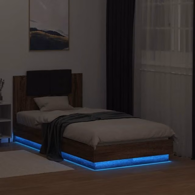 Berkfield Home Small Single Bed Frame with LED Lighting and USB Charging Port, Brown Oak