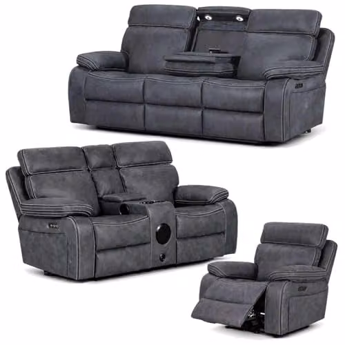 Furnishings For Less UK Tokyo 3 Piece Grey Leather Look Electric Recliner Sofa Suite with USB Charging and Cup Holders